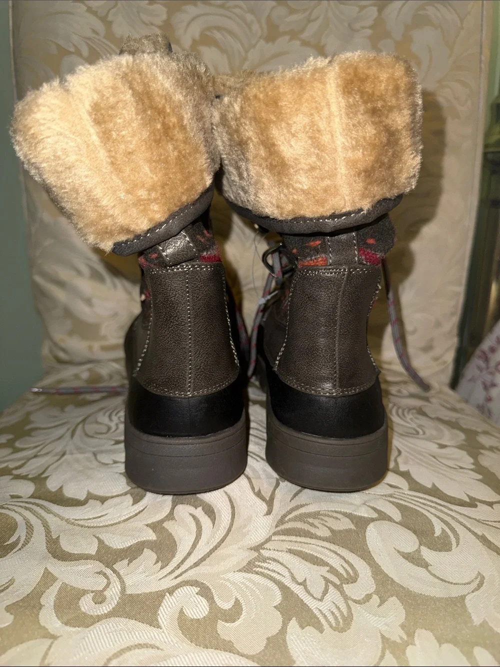 BareTraps Women's Brown and Red Patterned Faux-Fur Winter Boots